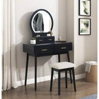 Makeup Vanity Desk with Round Mirror, 4 Drawers, and Padded Stool