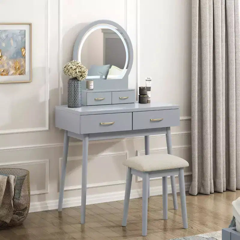 Makeup Vanity Desk with Round Mirror, 4 Drawers, and Padded Stool