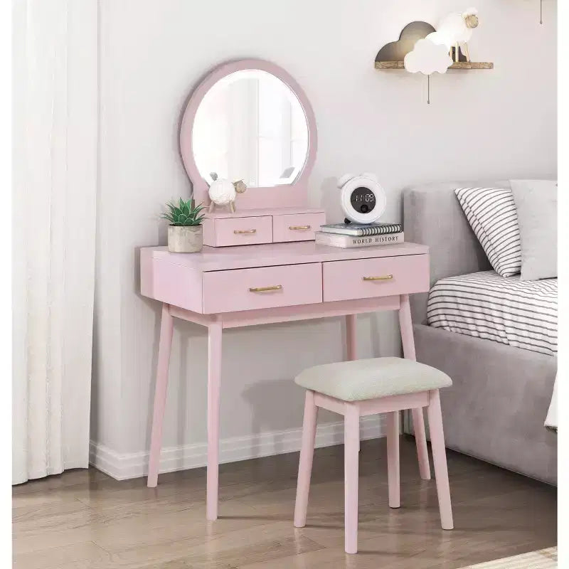 Okak Vanity Desk with Round Mirror and 4 Drawers, Makeup Vanity with Padding Stool, Dressing Table for Living Room, Bedroom