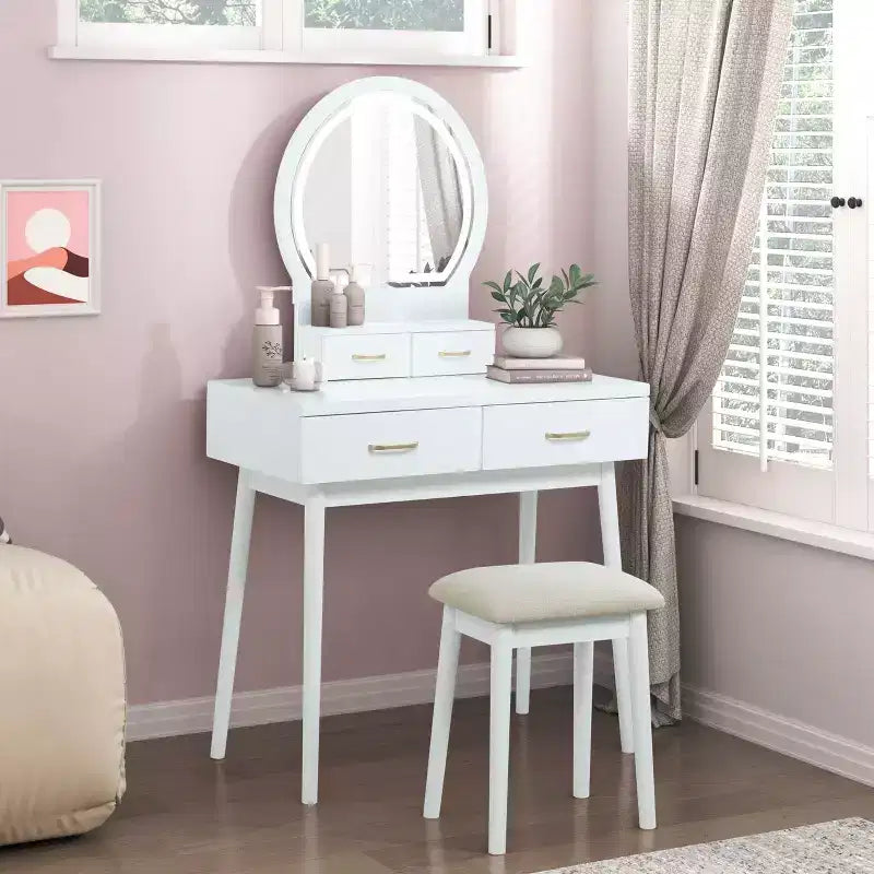 Makeup Vanity Desk with Round Mirror, 4 Drawers, and Padded Stool