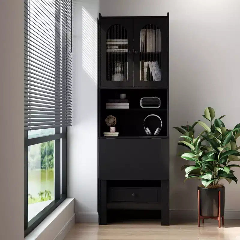 Fold-Out Convertible Writing Desk Cabinet with 2-Tier Shelf and Drawer