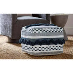 Handwoven Cotton Square Pouf Ottoman, Grey and Ivory Stripe, 18x18 Inches