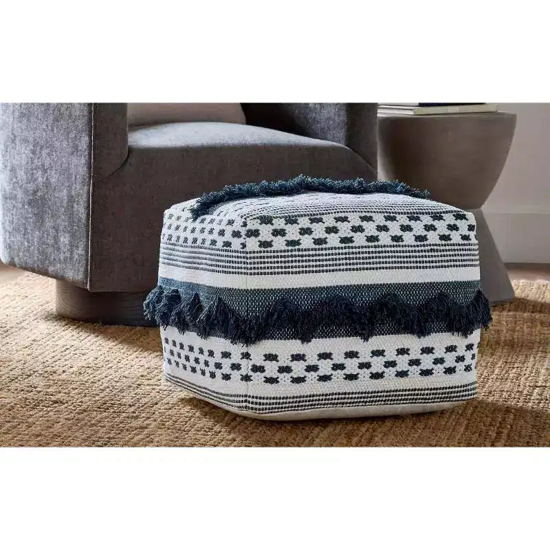 Handwoven Cotton Square Pouf Ottoman, Grey and Ivory Stripe, 18x18 Inches
