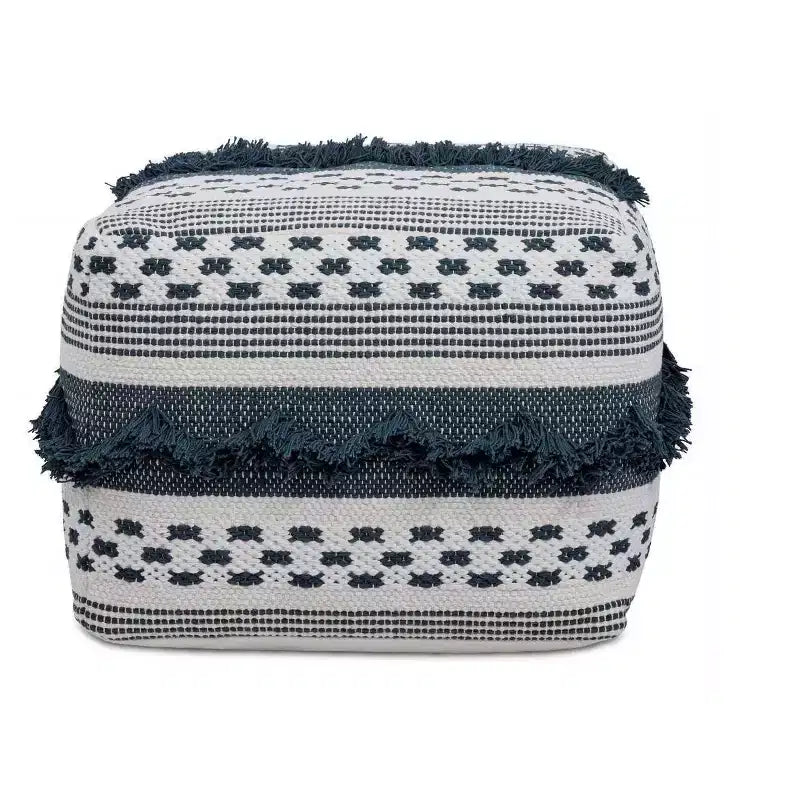 Handwoven Cotton Square Pouf Ottoman, Grey and Ivory Stripe, 18x18 Inches