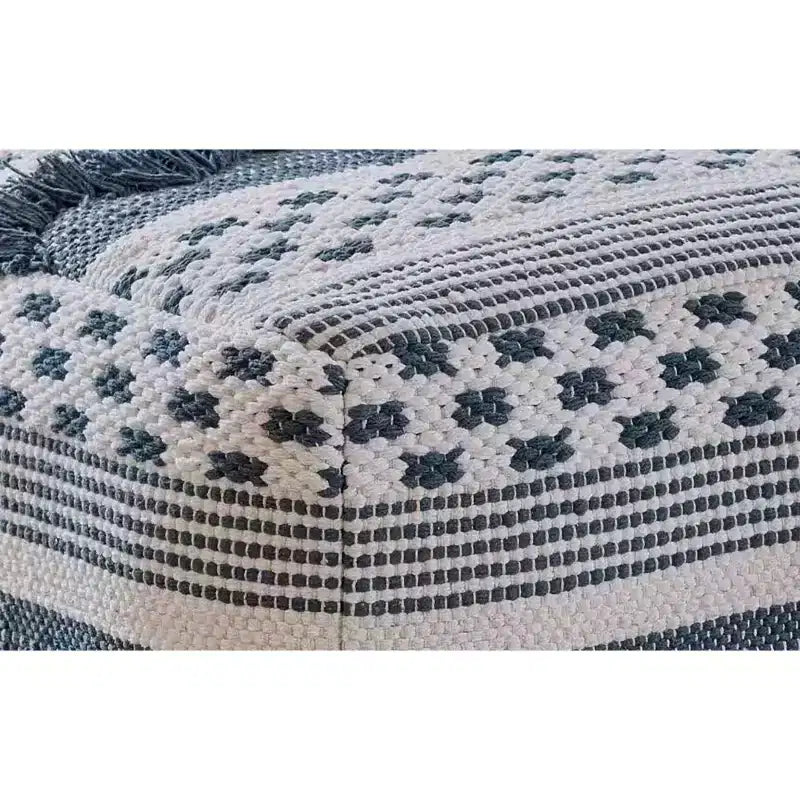 Handwoven Cotton Square Pouf Ottoman, Grey and Ivory Stripe, 18x18 Inches