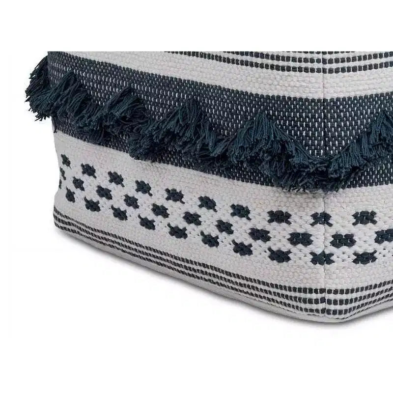 Handwoven Cotton Square Pouf Ottoman, Grey and Ivory Stripe, 18x18 Inches