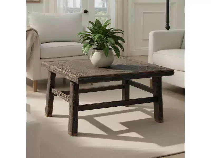 Reclaimed Elm Wood Square Coffee Table, Brushed Black, 30x30 Inches