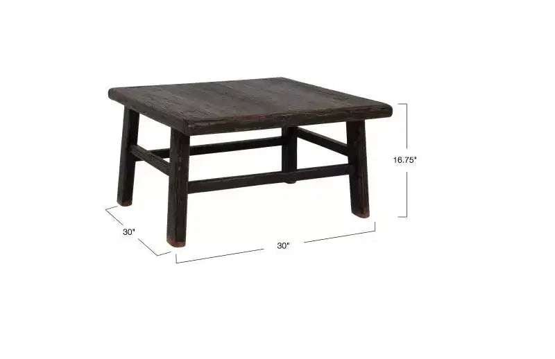 Reclaimed Elm Wood Square Coffee Table, Brushed Black, 30x30 Inches
