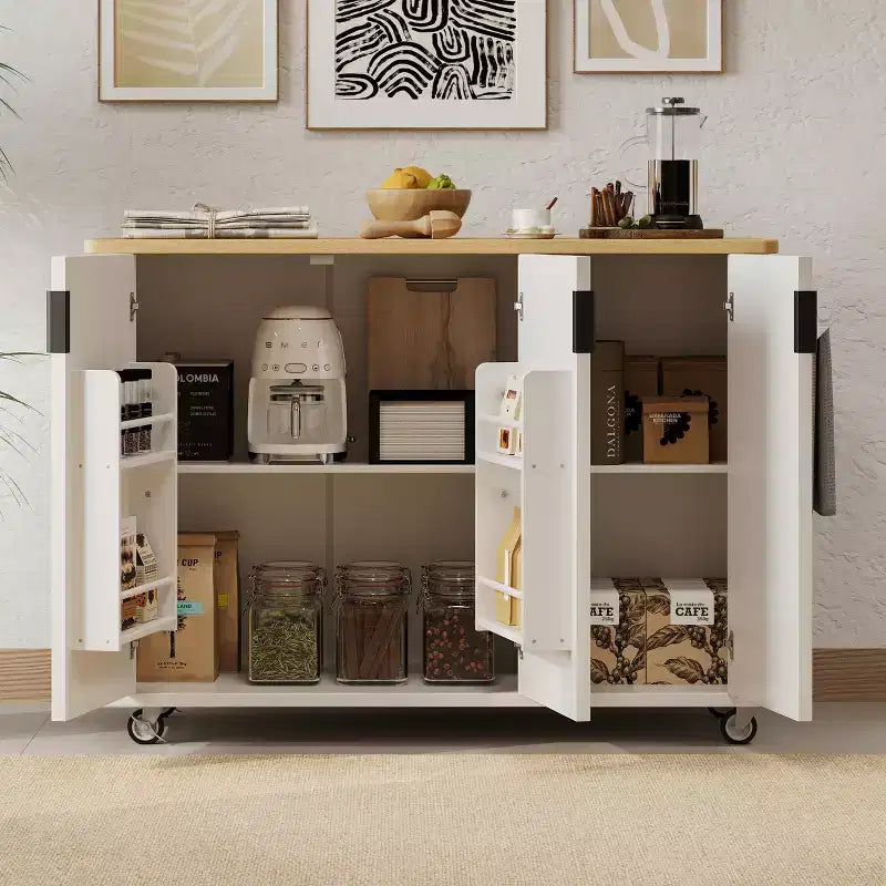 Rolling Solid Wood Kitchen Island, Rubberwood Top, 3 Drawers, 2 Cabinets, Spice Rack