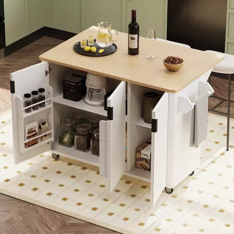 Rolling Solid Wood Kitchen Island, Rubberwood Top, 3 Drawers, 2 Cabinets, Spice Rack