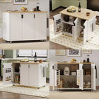 Rolling Solid Wood Kitchen Island, Rubberwood Top, 3 Drawers, 2 Cabinets, Spice Rack