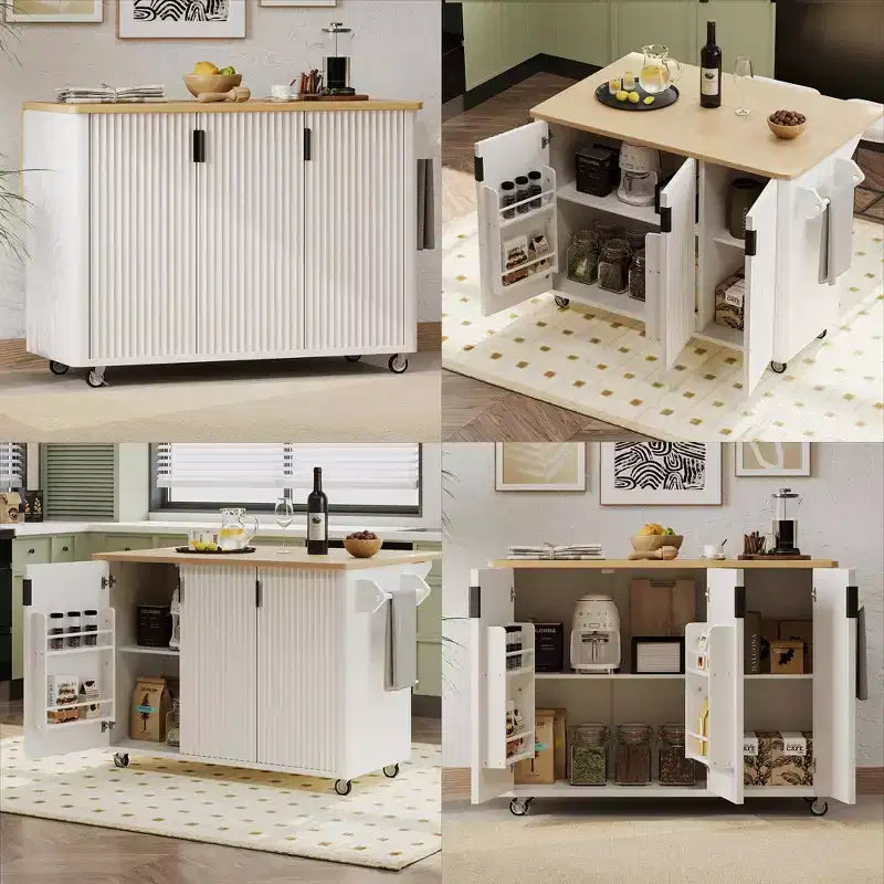 Rolling Solid Wood Kitchen Island, Rubberwood Top, 3 Drawers, 2 Cabinets, Spice Rack