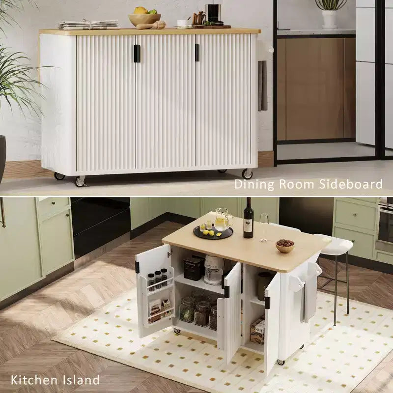 Rolling Solid Wood Kitchen Island, Rubberwood Top, 3 Drawers, 2 Cabinets, Spice Rack