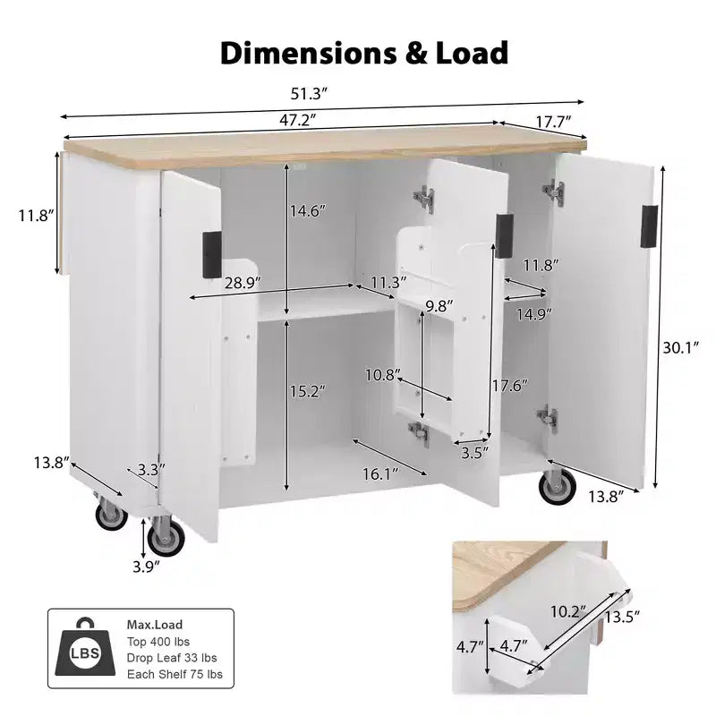 Rolling Solid Wood Kitchen Island, Rubberwood Top, 3 Drawers, 2 Cabinets, Spice Rack
