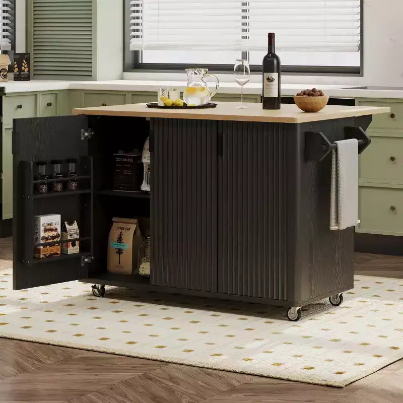 Rolling Solid Wood Kitchen Island, Rubberwood Top, 3 Drawers, 2 Cabinets, Spice Rack