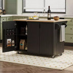 Rolling Solid Wood Kitchen Island, Rubberwood Top, 3 Drawers, 2 Cabinets, Spice Rack