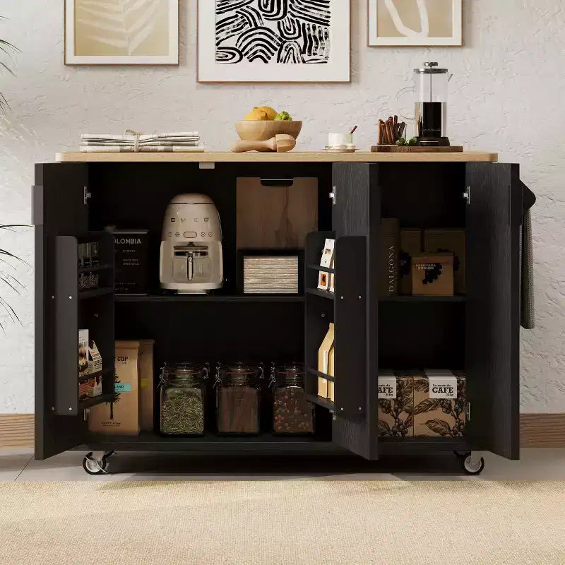 Rolling Solid Wood Kitchen Island, Rubberwood Top, 3 Drawers, 2 Cabinets, Spice Rack