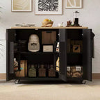 Rolling Solid Wood Kitchen Island, Rubberwood Top, 3 Drawers, 2 Cabinets, Spice Rack