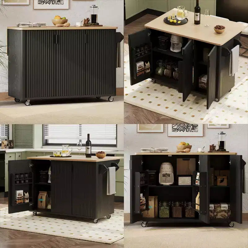 Rolling Solid Wood Kitchen Island, Rubberwood Top, 3 Drawers, 2 Cabinets, Spice Rack