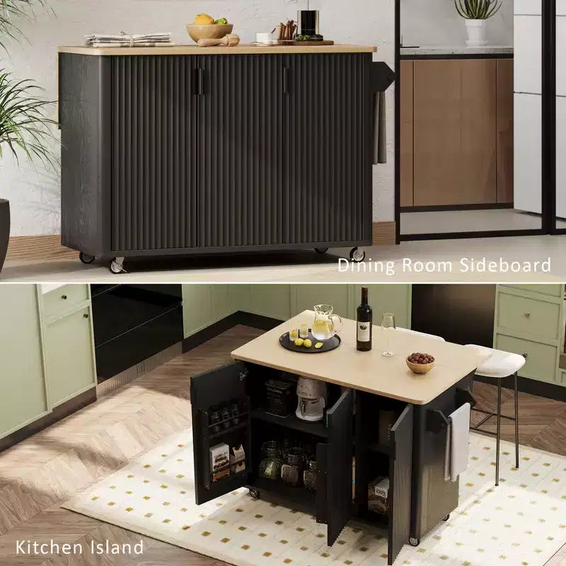 Rolling Solid Wood Kitchen Island, Rubberwood Top, 3 Drawers, 2 Cabinets, Spice Rack