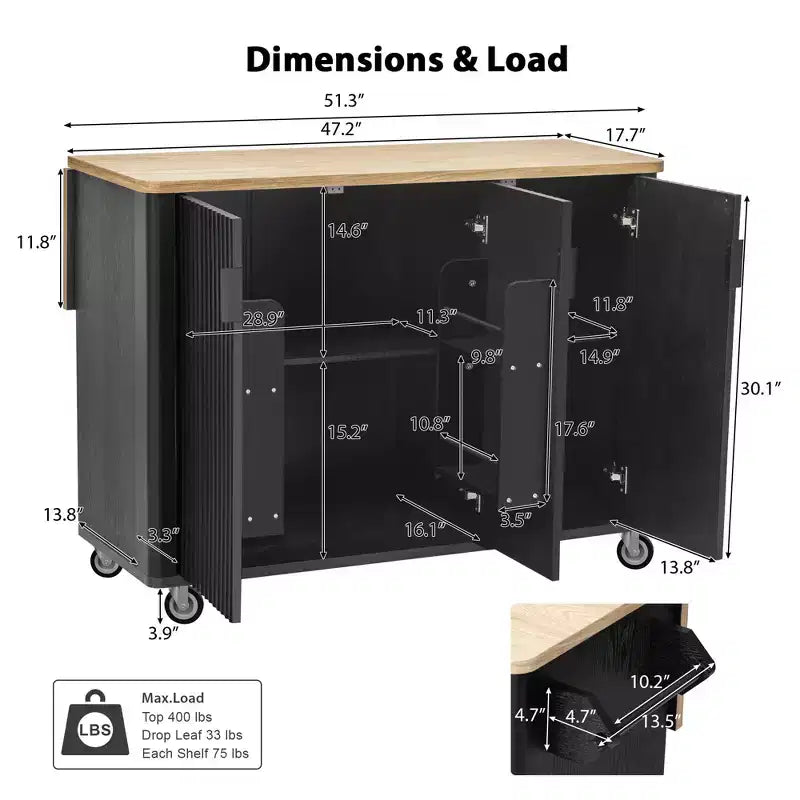 Rolling Solid Wood Kitchen Island, Rubberwood Top, 3 Drawers, 2 Cabinets, Spice Rack
