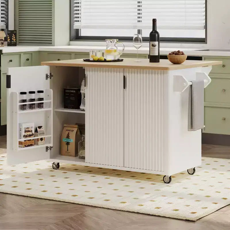 Rolling Solid Wood Kitchen Island, Rubberwood Top, 3 Drawers, 2 Cabinets, Spice Rack