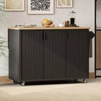 Rolling Solid Wood Kitchen Island with Rubberwood Top, 3 Drawers, 2 Cabinets, Adjustable Shelves, Spice Rack & Locking Wheels  Painted Finish