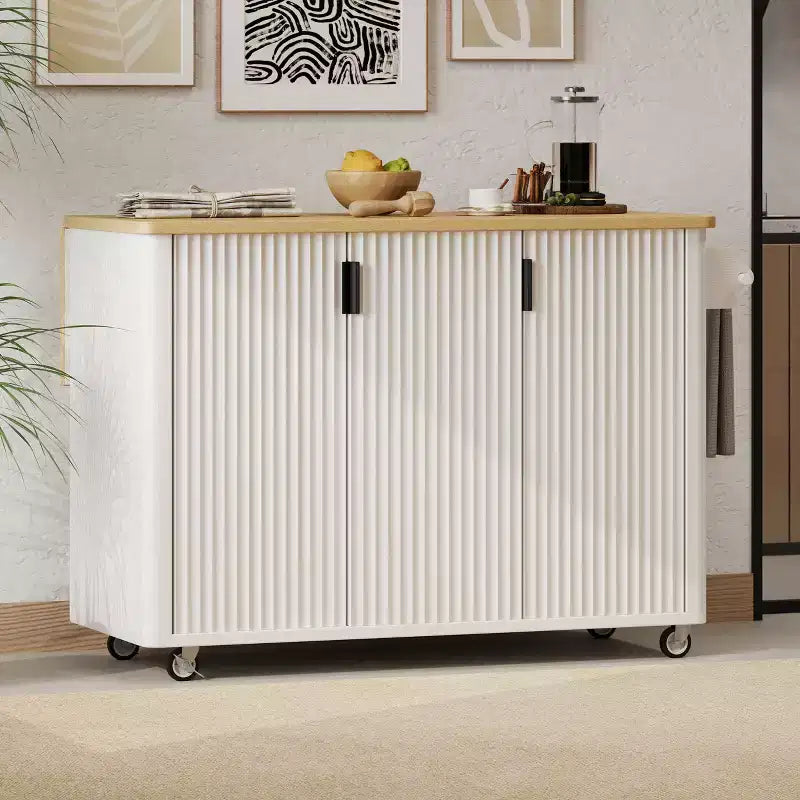 Rolling Solid Wood Kitchen Island, Rubberwood Top, 3 Drawers, 2 Cabinets, Spice Rack