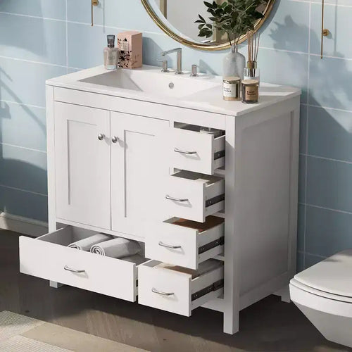 36-Inch Freestanding Bathroom Vanity with Sink, 5 Drawers, 2 Soft-Close Doors