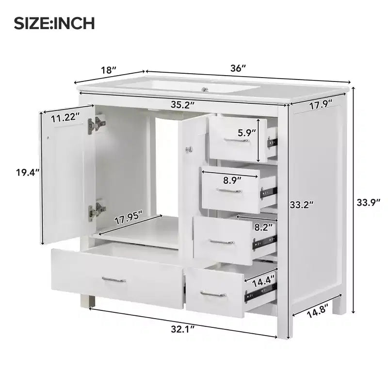36-Inch Freestanding Bathroom Vanity with Sink, 5 Drawers, 2 Soft-Close Doors