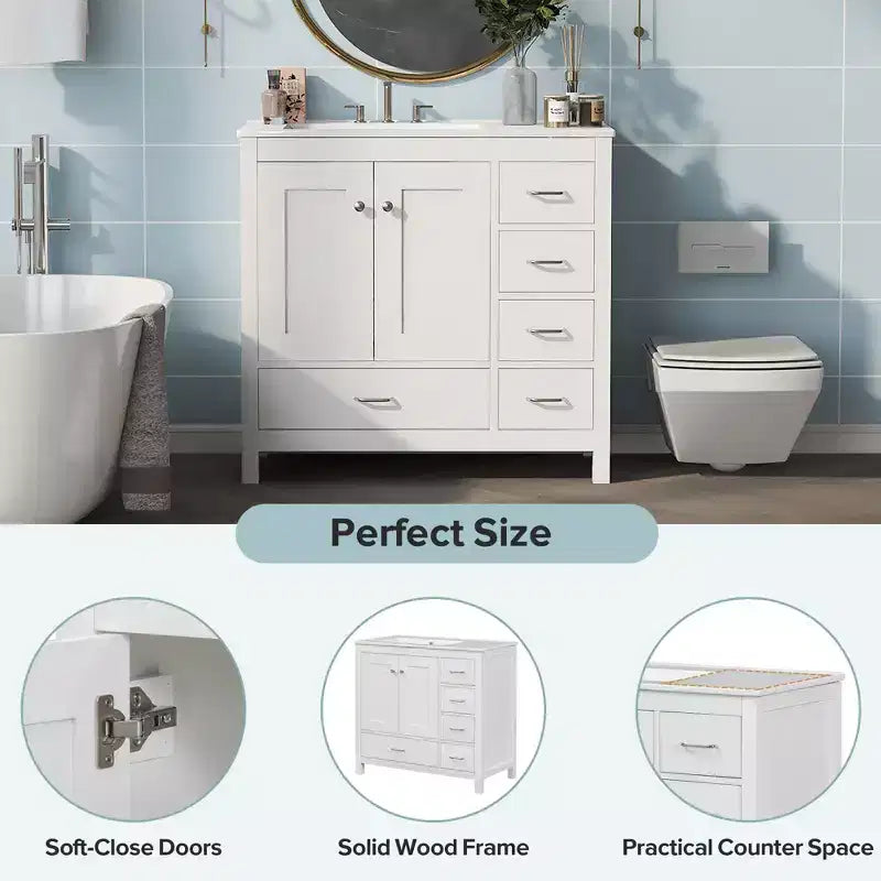 36-Inch Freestanding Bathroom Vanity with Sink, 5 Drawers, 2 Soft-Close Doors