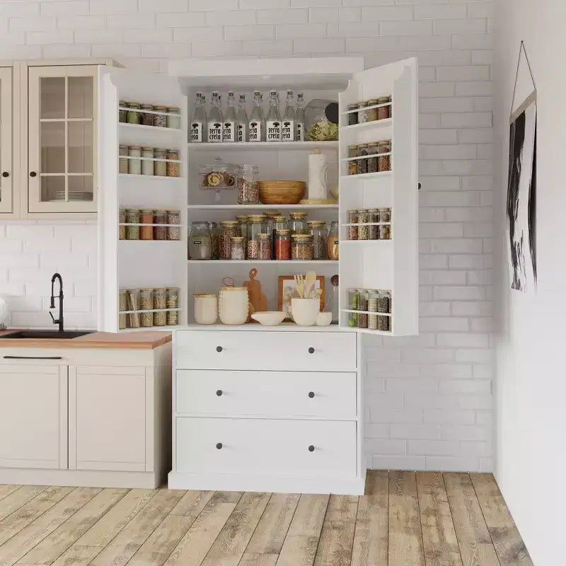 77-Inch Freestanding Tall Kitchen Pantry Cabinet, 3 Drawers, Adjustable Shelves
