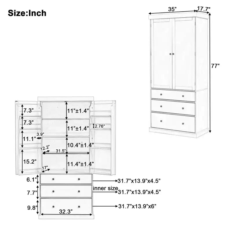 77-Inch Freestanding Tall Kitchen Pantry Cabinet, 3 Drawers, Adjustable Shelves