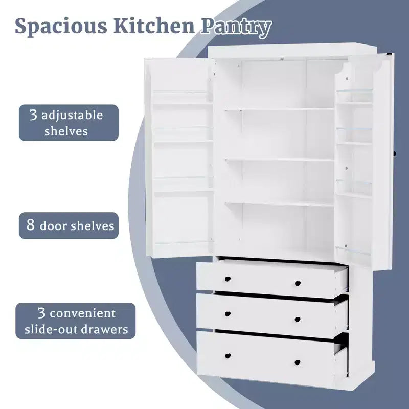 77-Inch Freestanding Tall Kitchen Pantry Cabinet, 3 Drawers, Adjustable Shelves