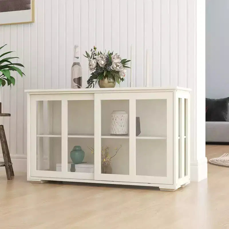 Kitchen Storage Cabinet with Sliding Glass Doors, Adjustable Shelves, MDF