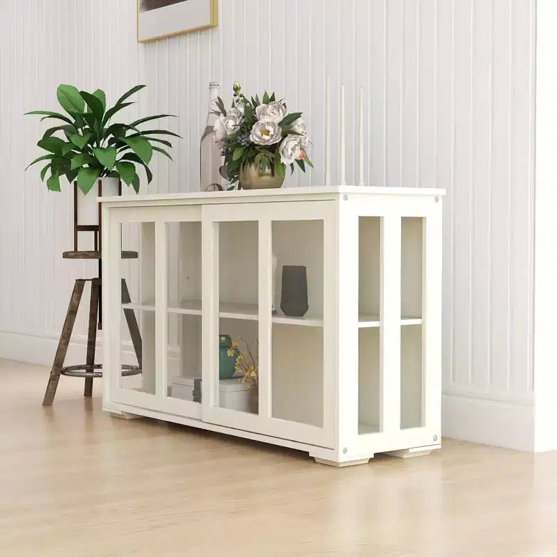 Kitchen Storage Cabinet with Sliding Glass Doors, Adjustable Shelves, MDF