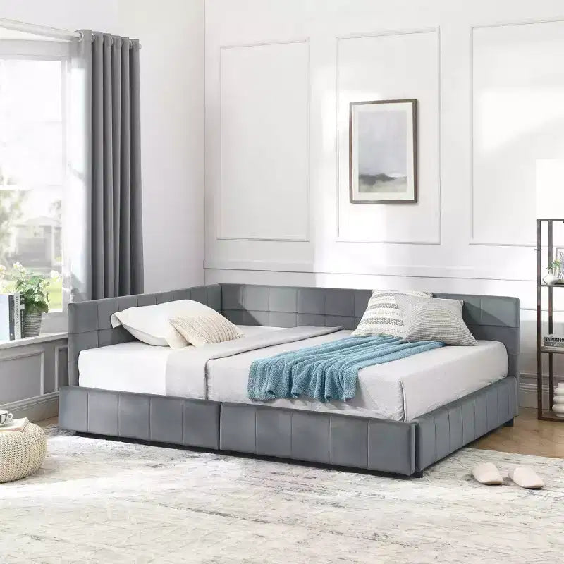 Full Size Tufted Velvet Daybed with Storage Drawers & Armrests, Dark Gray