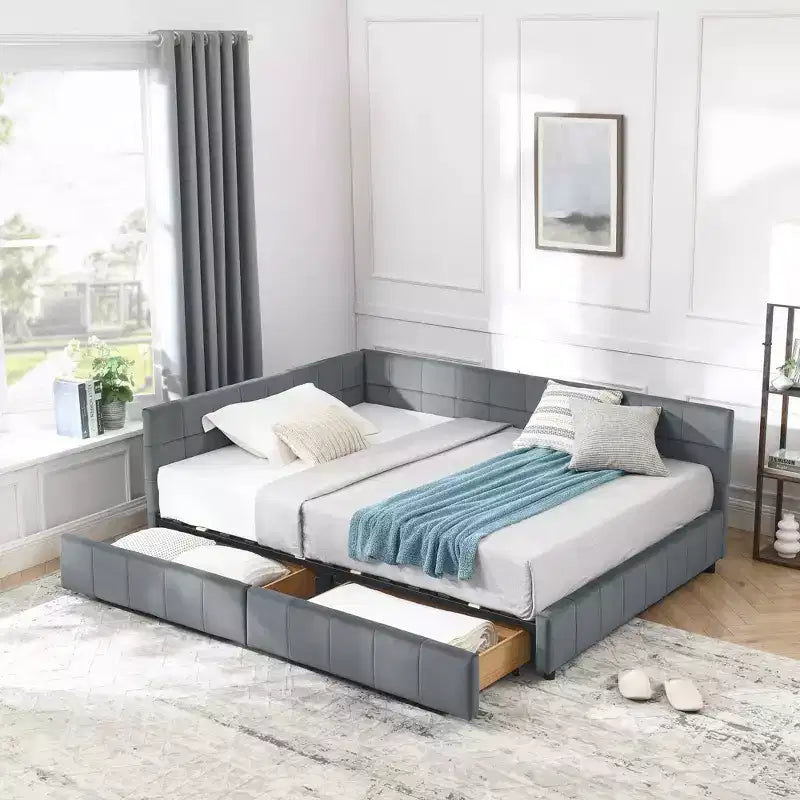 Full Size Tufted Velvet Daybed with Storage Drawers & Armrests, Dark Gray