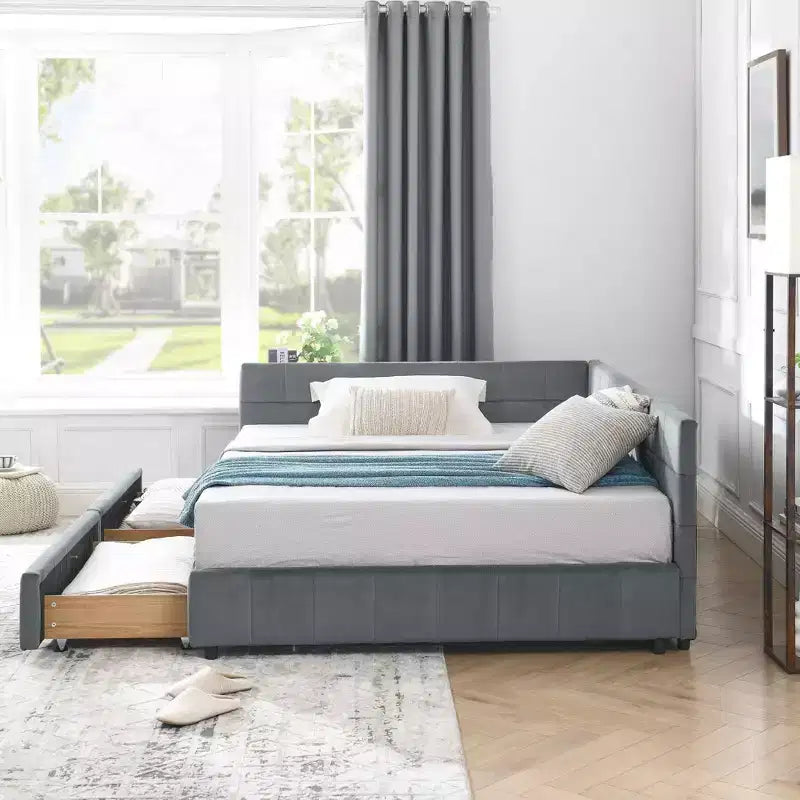 Full Size Tufted Velvet Daybed with Storage Drawers & Armrests, Dark Gray