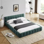 Queen Size Upholstered Platform Bed Frame with Headboard, Chenille, Blue