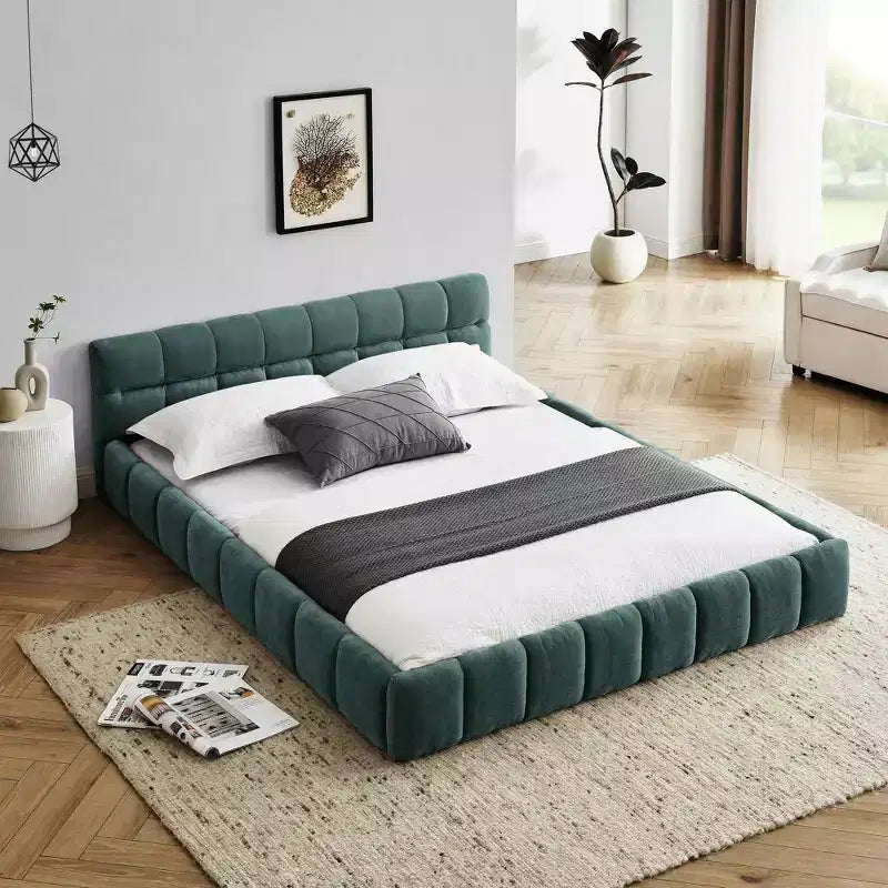 Queen Size Upholstered Platform Bed Frame with Headboard, Chenille, Blue