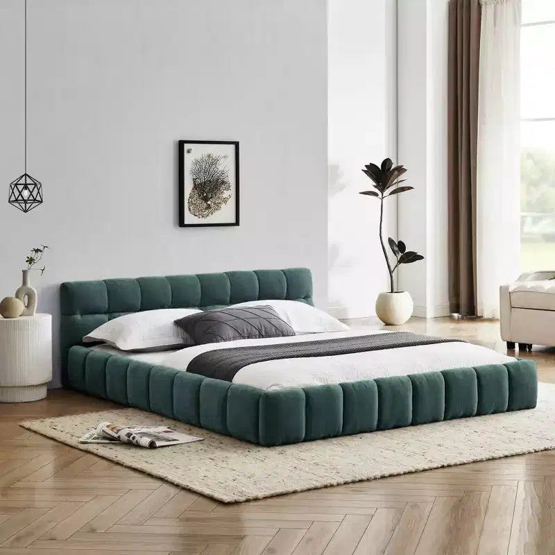 Queen Size Upholstered Platform Bed Frame with Headboard, Chenille, Blue