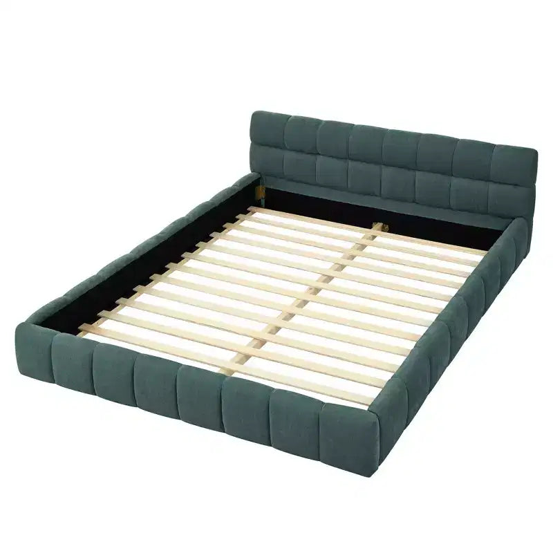 Queen Size Upholstered Platform Bed Frame with Headboard, Chenille, Blue
