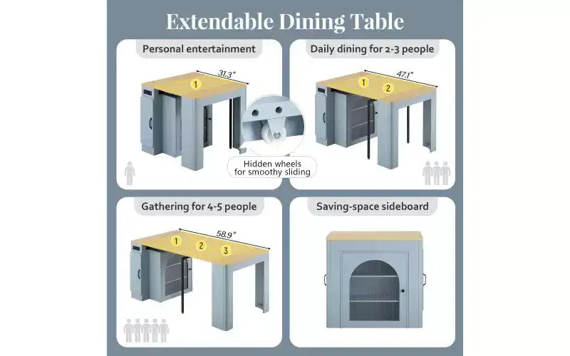 Extending Dining Table with Power Outlet, Rolling Kitchen Island