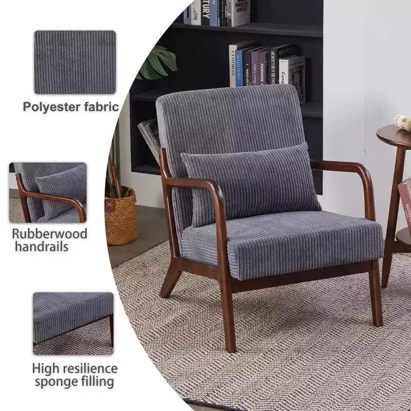 Mid-Century Modern Accent Chair with Pillow, Solid Wood Legs, Upholstered