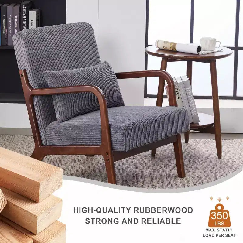 Mid-Century Modern Accent Chair with Pillow, Solid Wood Legs, Upholstered