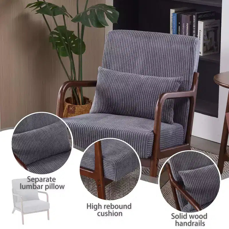 Mid-Century Modern Accent Chair with Pillow, Solid Wood Legs, Upholstered