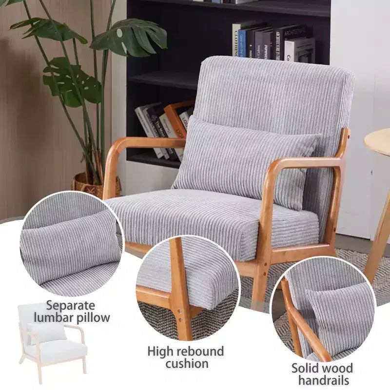Mid-Century Modern Accent Chair with Pillow, Solid Wood Legs, Upholstered