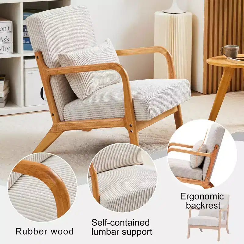 Mid-Century Modern Accent Chair with Pillow, Solid Wood Legs, Upholstered