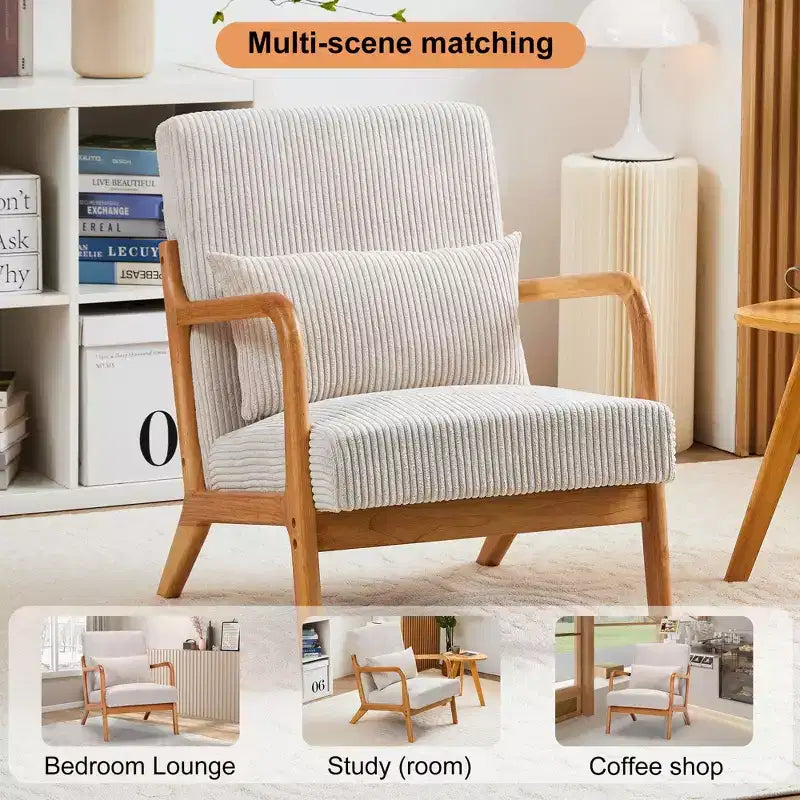 Mid-Century Modern Accent Chair with Pillow, Solid Wood Legs, Upholstered